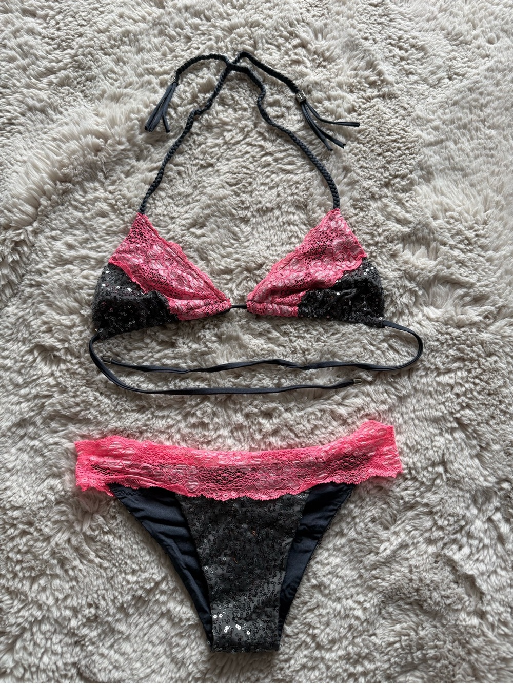 Beach Bunny Blue and Pink Lace Sequin Triangle Bikini Set Medium